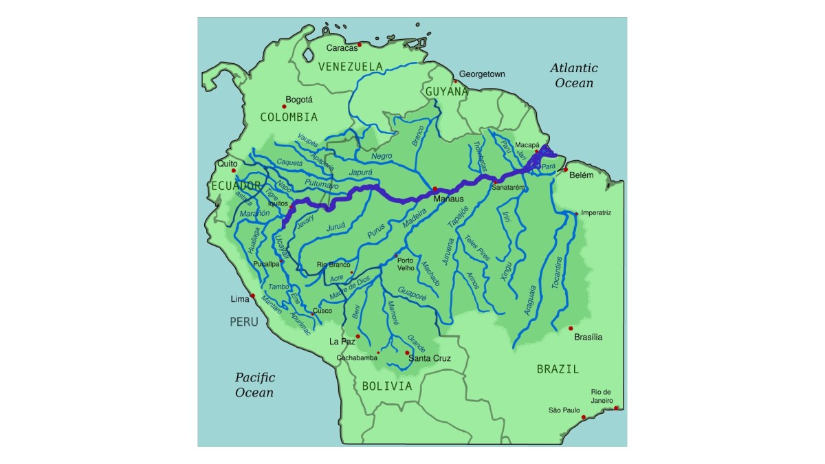 Map of the Amazon River Basin with the prominent Amazon River.