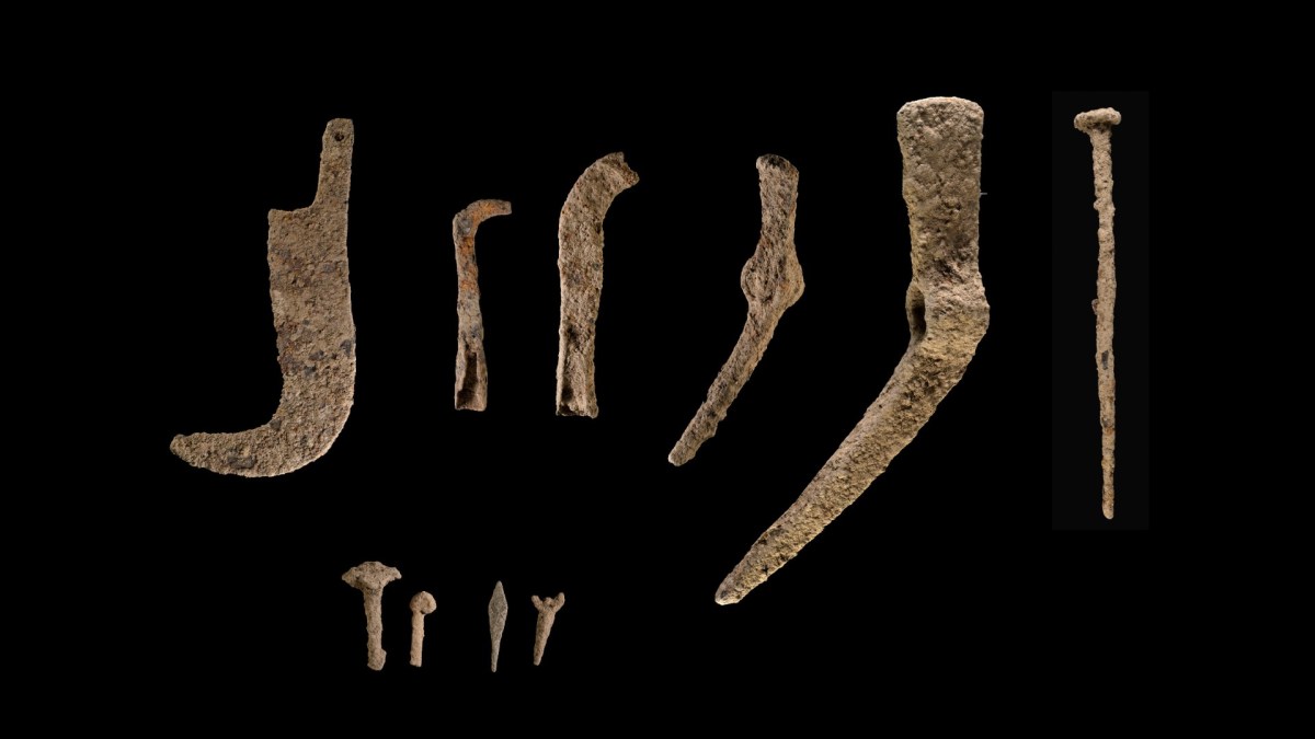 This image shows a selection of agricultural tools made of iron (such as cramps and scythes) found in the ruins of a farm in northern Israel.