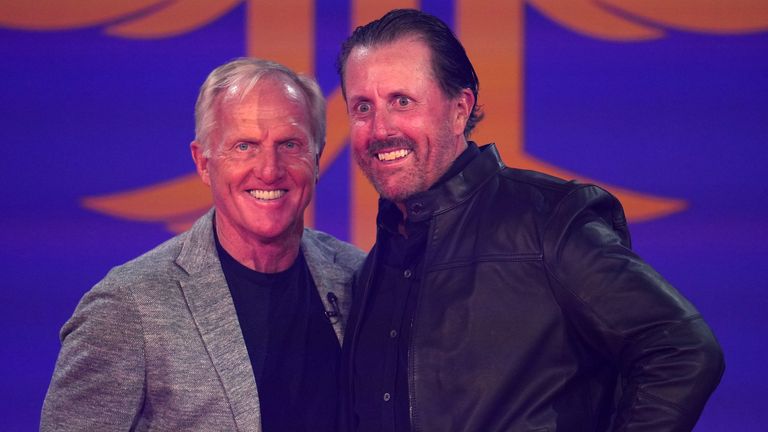 LIV Golf CEO Greg Norman poses with Phil Mickelson ahead of the inauguration event 