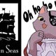 Picture of the Seven Seas Entertainment logo of a black sailing ship next to the United Workers of Seven Seas sticker with a cat wearing a blindfold.
